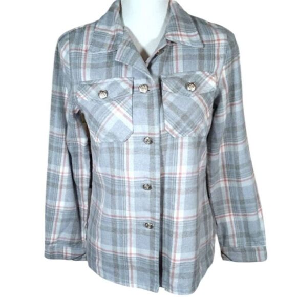 SHEIN GRAY, BLUE, & PINK PLAID FLANNEL SHIRT SZ.XS EUC. - Picture 1 of 7